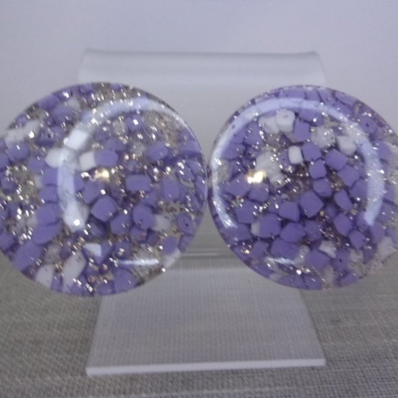 Purple White Confetti Lucite Clip Earrings - Picture 2 of 5